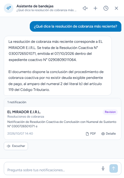 Chat del asistente de bandejas: una consulta sobre la resolución de cobranza más reciente y su respuesta